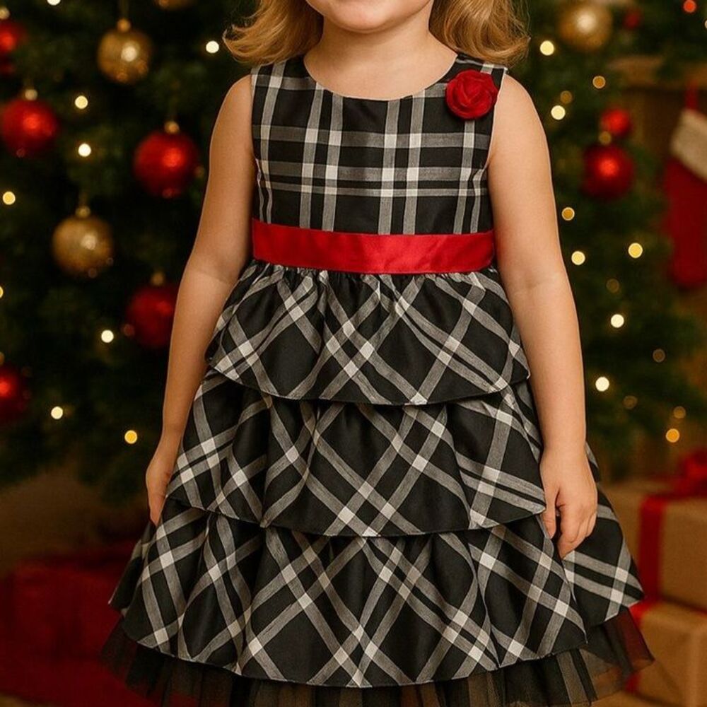 Cherokee 2T Girls Plaid Christmas Dress Red Black Tiered Holiday Party